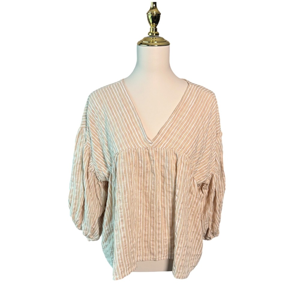 Wishlist Tan White Striped V-Neck Balloon Sleeve Babydoll Blouse Large